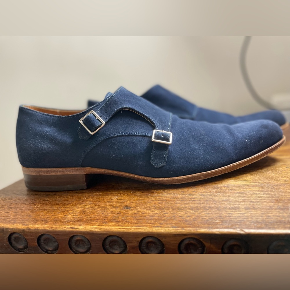 John Fluevog Pine Street “Twin Turbine” blue suede double monk-strap. Size 11.5